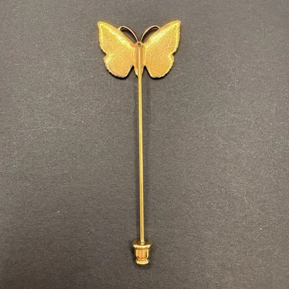 Vintage Enameled‎ Blue Butterfly Floral Flowers Stick Pin Brooch Gold Tone